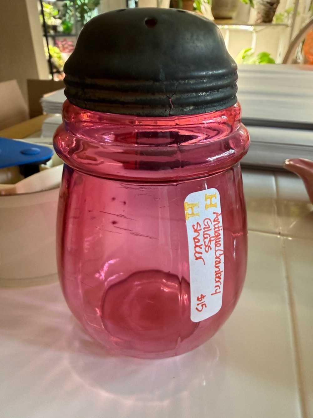 Vintage cranberry Glass Shaker with Metal Top